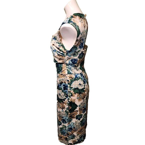 Donna Ricco Blue Green Tan Floral Square Neck Ruche Womens Dress Size 12 - Picture 4 of 13